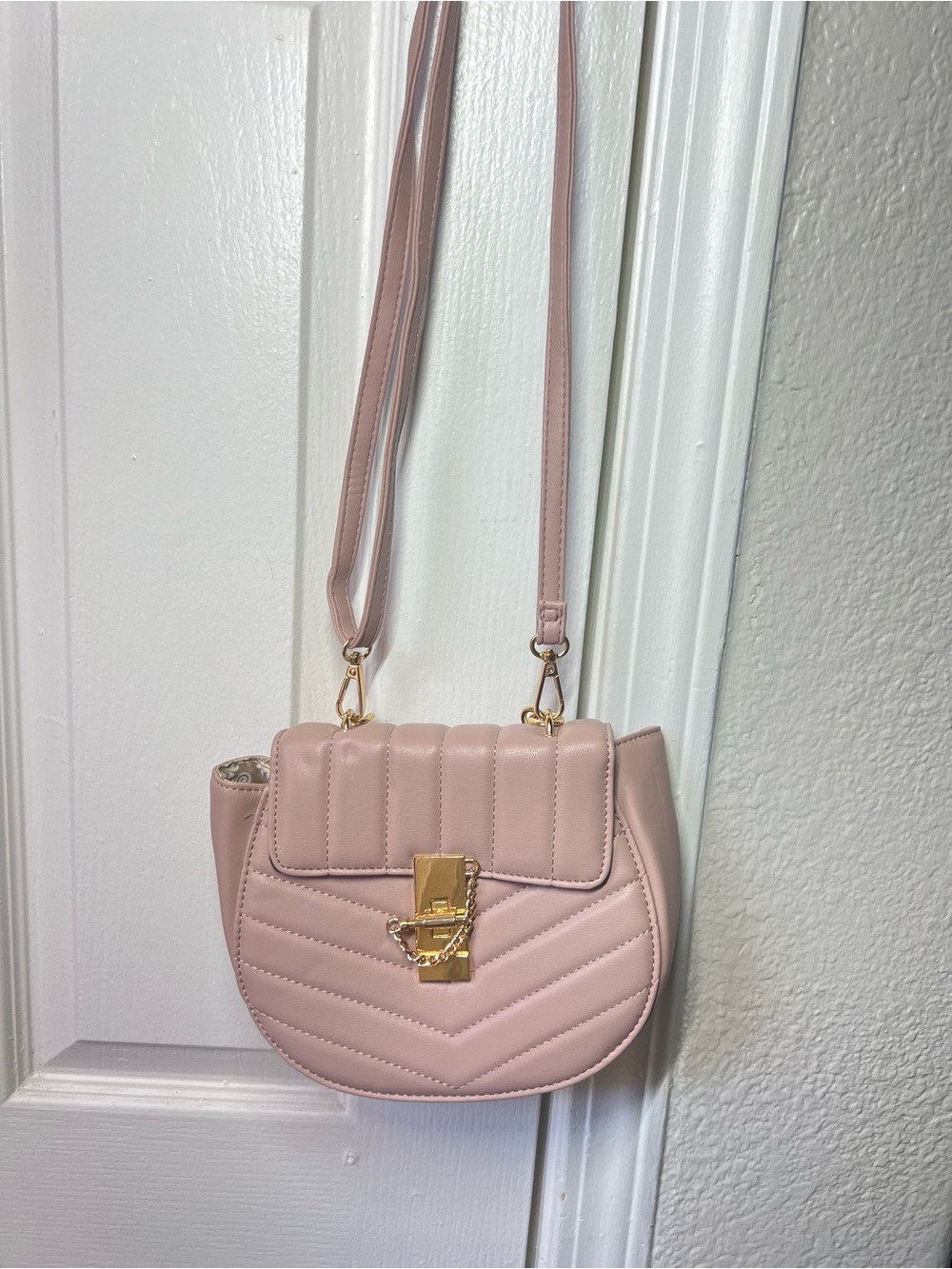 Small Quilted Crossbody Bag in Blush Pink with Gold Hardware